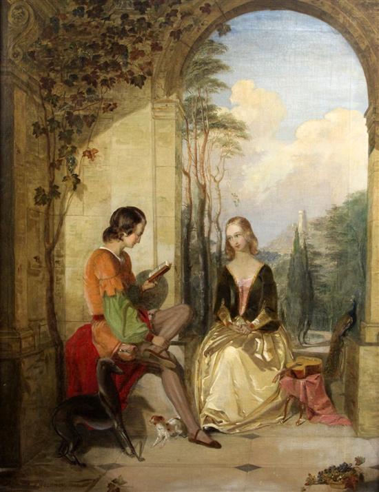 Samuel Baldwin (fl.1843-1858) Medieval lovers beside an archway, a landscape beyond, 36 x 28in.